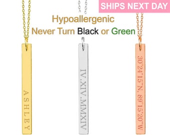 Dainty Vertical Bar Necklaces,Custom Name,Custom Coordinates,Sorority Necklace,Monogram Necklace,Morse Cord,Zodiac Necklace,Bridesmaid Gift