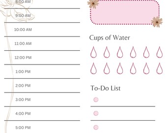 Puede incluir: Un planificador diario imprimible con un diseño floral. El planificador incluye secciones para un horario por hora, una afirmación diaria, tazas de agua y una lista de tareas.
