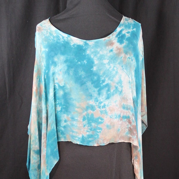 Hand Dyed Silk - Art to Wear - Hand Dyed Silk Chiffon Poncho Tan Blue and White Handmade Hand Painted Silk Coverup Christmas Gifts for Her