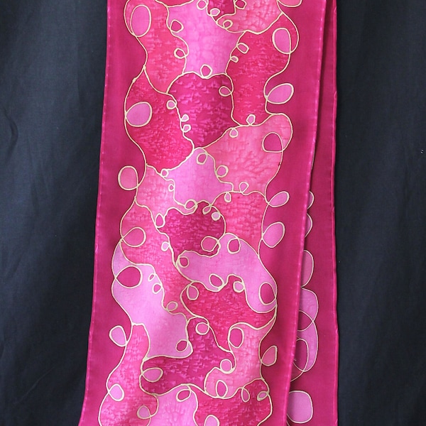 Hand Dyed Silk - Art to Wear - Hand Painted Silk Scarf Red Magenta Pink Coral and Gold Resist Handmade Christmas Gifts for Her Mothers Day