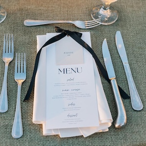 Custom Wedding Menu with Name Place Card: Satin Ribbon, Elegant Place Setting