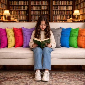 May include: A young person reads a book on a white sofa, surrounded by colorful throw pillows. The pillows are in various colors, including pink, yellow, red, purple, gray, blue, green, and orange. Each pillow has a design resembling a library card.