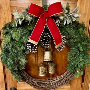 Handmade Front Door Christmas Holiday Wreath, Winter Wreath with Bells, Pinecone Wreath, Classic Pine Wreath. Free Shipping