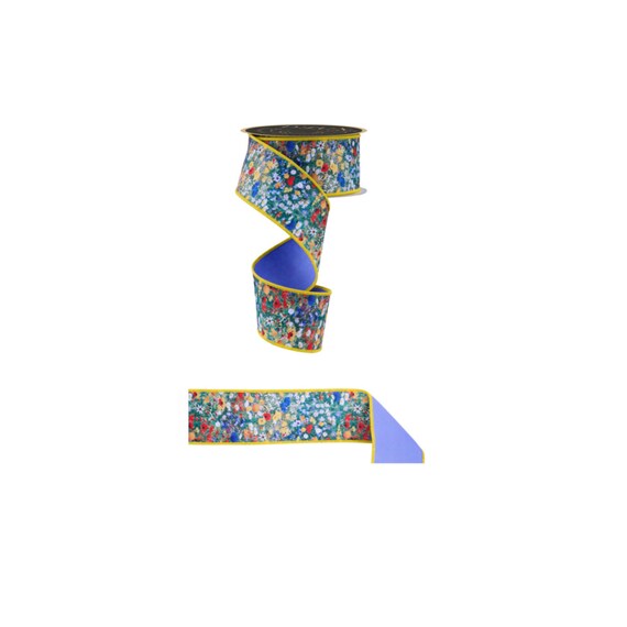 Wildflower Wired Ribbon, Blue Backing, Yellow Edge, 2.5
