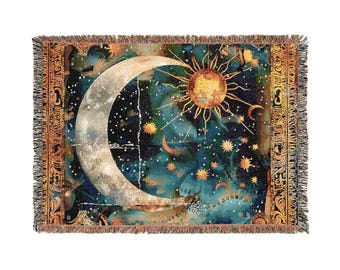Geweven deken Celestial Tapestry – Sun & Moon-ontwerpdeken, boho kosmisch decorcadeau