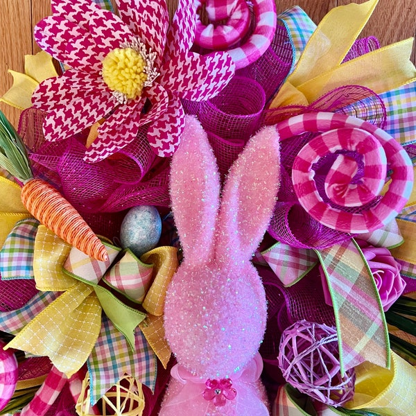 Front Door Wreath, Fuzzy Flocked Pink  Easter Bunny Wreath for Front Door, Spring Wreath, UITC Acrylic Base, Door Hanger, Gift, Home Decor