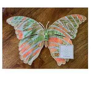 Op de afbeelding: Een decoratieve vlinder met oranje, groene en blauwe vleugels. De vlinder heeft een gouden omtrek en een groen, juweelachtig lichaam. Een label met de tekst "d.stevens" is aan de vlinder bevestigd.