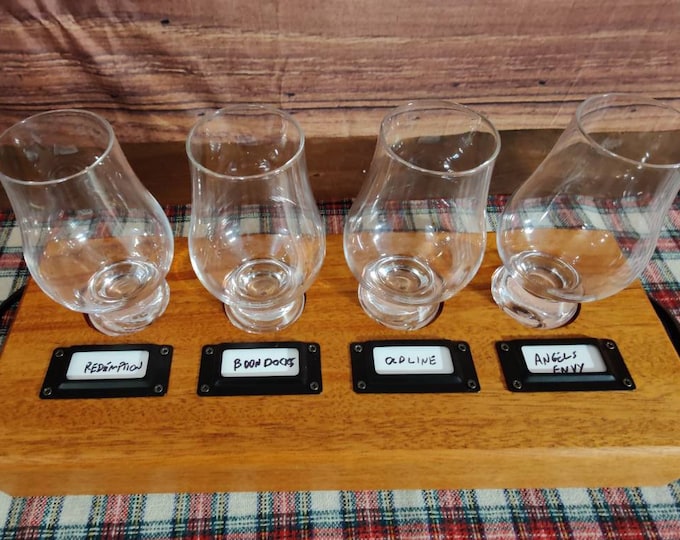 Whiskey Tasting Flight Set with Labels Made From Beautiful Honduran Mahogany woodValentines Gift, Superbowl Party