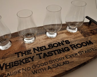 May include: Wooden serving tray with four small glasses and the text "THE NELSON'S WHISKEY TASTING ROOM BECAUSE NO GOOD STORY EVER STARTED WITH A SALAD..."
