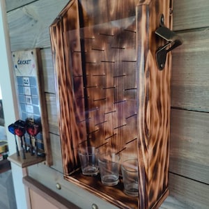 Plinko Bottle Opener, Solid Wood Wall Hanging, recesses for shot glasses as catch.  Torched Pine FinishValentines Gift, Superbowl Party