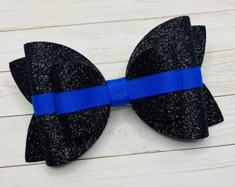 Thin Blue Line Bow, Law Enforcement Support Bow, police bow, black glitter bow,