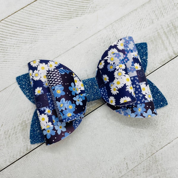 Blue Denim Patchwork Faux Leather Bow for Girls, Floral Leather Hair Clip, Denim Glitter Faux Leather Headband, Gift for Girls