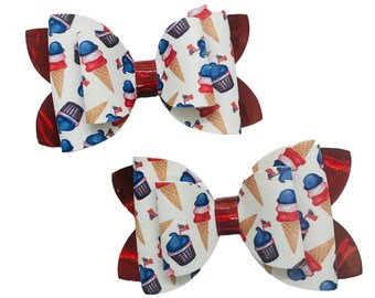 Red White and Blue Ice Cream Pigtail Bow Set for Girls