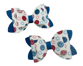 Red White and Blue Smiley Face Pigtail Bow Set for Girls