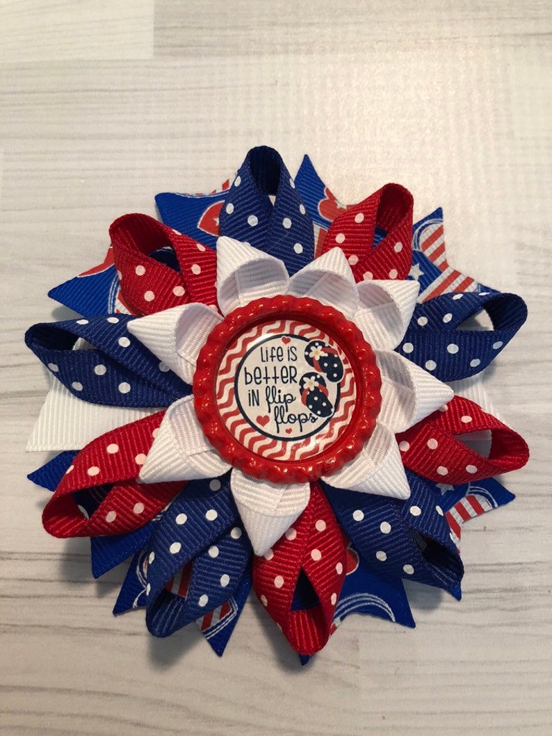 Loopy flower hair bow Fourth of July Red White and Blue hair clip