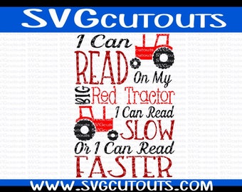I Can Read On My Red Tractor Reading Saying, Book Saying, Book Pillow Saying, Subway Art, Svg, Dxf, Eps, Png Cutting Files INSTANT DOWNLOAD