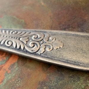 May include: Close-up of a vintage silver spoon with ornate floral and scrollwork detailing. The spoon has a tarnished, antique finish, and the design is raised and textured. The background is a mottled, earthy tone.