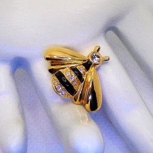 Vintage Gold Tone Bumble Bee Pin: Black Enamel Rhinestone Brooch