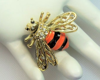 Vintage Gold Tone Orange and Black enamel with Clear Rhinestones Bee Bug Figural Pin Brooch