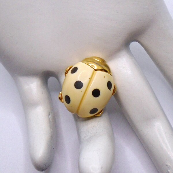 Vintage Gold Tone Detailed Cream Lucite Thermoset with Black Spots Ladybug Bug Mini Petite Pin Brooch Designer Signed Crown Trifari