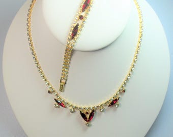 Vintage Gold Tone Prong Set Ruby Red and Clear Rhinestone Necklace and Matching Bracelet Set