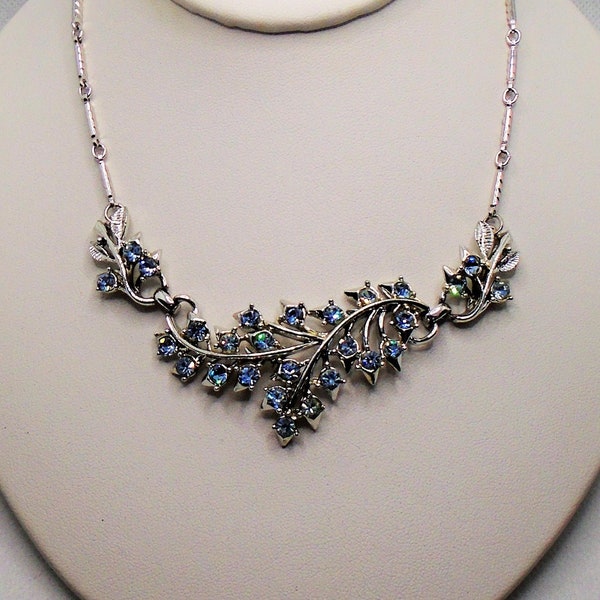 Vintage Polished Silver Tone Detailed Leaves with Light Blue Chatons Rhinestones Adjustable Necklace Designer Signed Coro