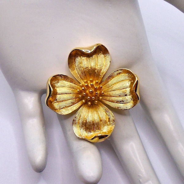 Vintage Textured and Polished Gold Tone Detailed Dogwood Flower Pin Brooch Desginer Signed Crown Trifari