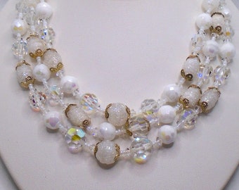 Vintage Vendome Aurora Borealis Glass Bead Triple Strand Necklace
