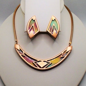 Vintage Matte Rose Gold Tone w/Aurora Borealis Geometric Deco Revival Necklace & Matching Clip Earrings Set Designer Signed Monet &quot;Tympany&quot;
