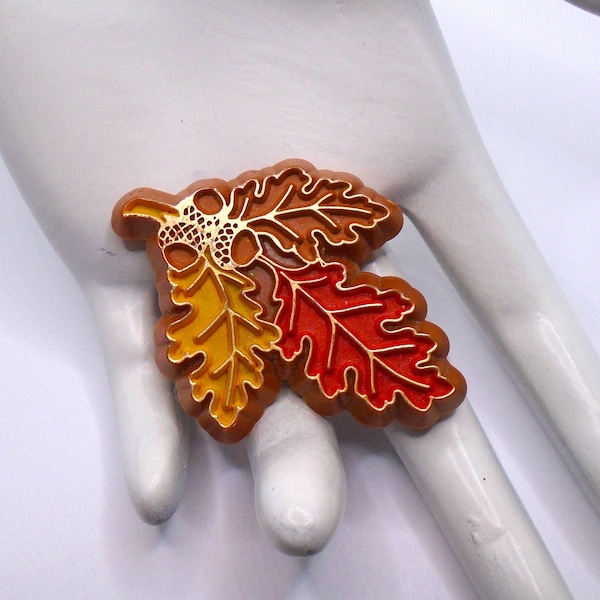 Vintage Molded Brown Plastic Yellow and Orange Leaves with Acorns Autumn Pin Brooch Designer Signed Hallmark Cards Inc