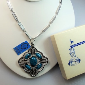 Vintage Chunky Silver Tone Faux Turquoise Pendant on 26 Inch Chain Necklace Designer Signed Whiting & Davis w/ Original Hang Tag and Box