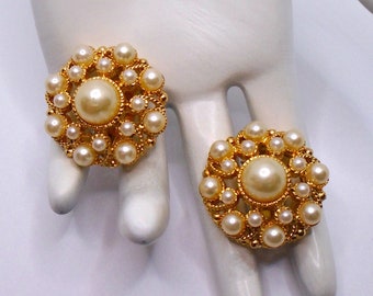 Vintage Gold Tone Faux Pearls Cluster Round Clip Earrings Designer Signed Marvella