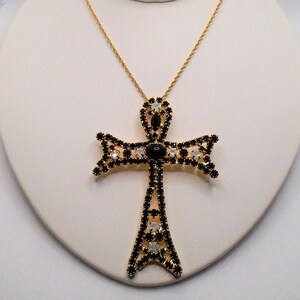 Vintage Gold Tone Prong Black and Opalescent Rhinestones with Cabochon Cabochon Center Ankh Cross Pin Brooch Pendant On Chain Necklace