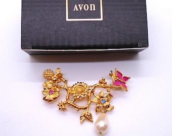 Vintage Avon Enamel Butterfly Floral Brooch Faux Pearl Drop Garden of Eden (1994) NOS