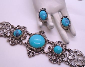 Vintage Antiqued Silver Tone Wide Bracelet and Clip Earrings Set with Faux Turquoise Cabochons