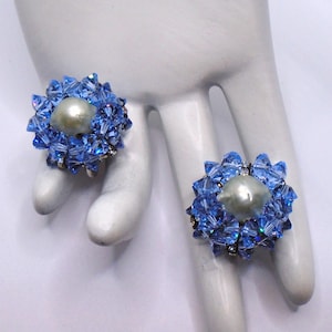 Vintage Silver Tone Light Blue Faux Baroque Pearls and Faceted Crystal Beads with Clear Rhinestones Clip Earrings Designer Signed Vogue