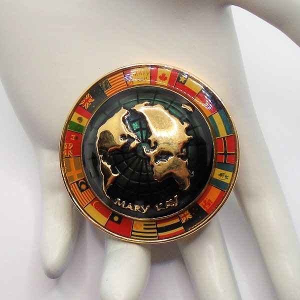 Vintage Gold Tone Multi Color Enamel Globe with Flags Border Mary Kay 30 Year Anniversary Pin Brooch Pendant "1963-1993 The Dream Continues"