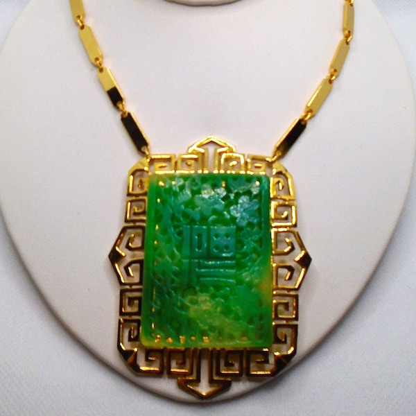 Vintage Gold Tone Detailed Large Carved Asian Influence Faux Jade Rectangle Stationary Pendant Necklace Designer Signed Vendome