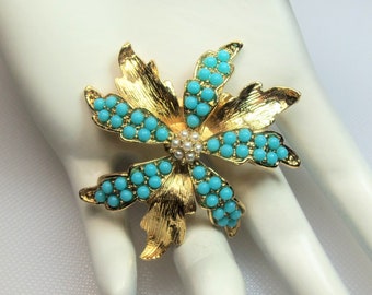 Vintage Gold Tone Dimensional Flower with Faux Turquoise Beads and Faux Pearls Floral Pin Brooch Designer Signed Aconda