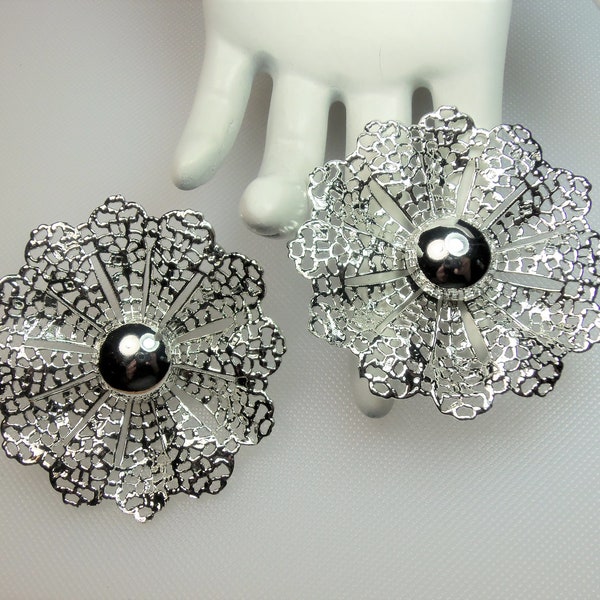 Huge Vintage Silver Tone Filigree Round Polished Flower Clip Earrings Designer Signed Sarah Coventry Circa 1959 "Fan-Fare"