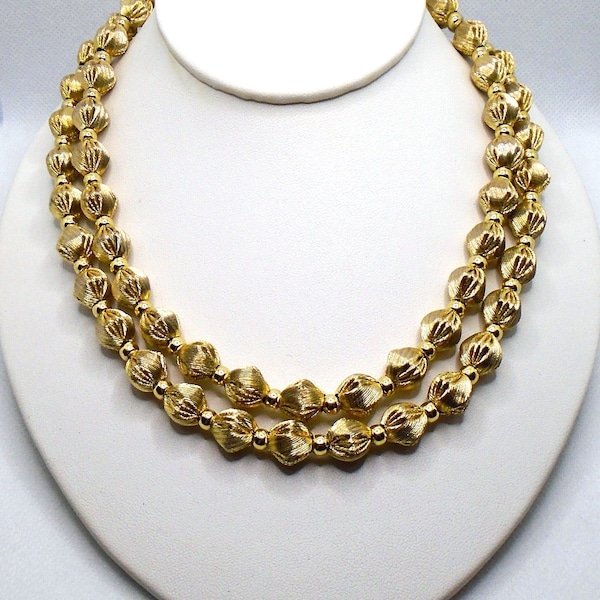 Vintage Gold Tone Textured and Polished Metal Beads Double Strand Adjustable Necklace Designer Signed Whiting and Davis