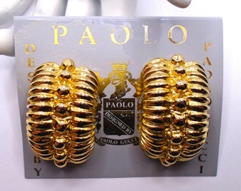 Vintage Polished Gold Tone Large Chunky Clip Earrings Designer Signed Paolo Gucci on Original Sales Card
