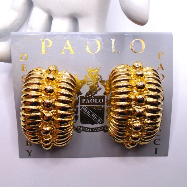 Vintage Polished Gold Tone Large Chunky Clip Earrings Designer Signed Paolo Gucci on Original Sales Card