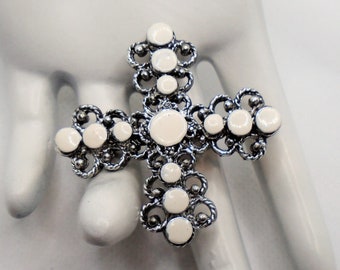 Vintage Antiqued Silver Tone Ornate Detailed Maltese Cross with White Enamel Pin Brooch