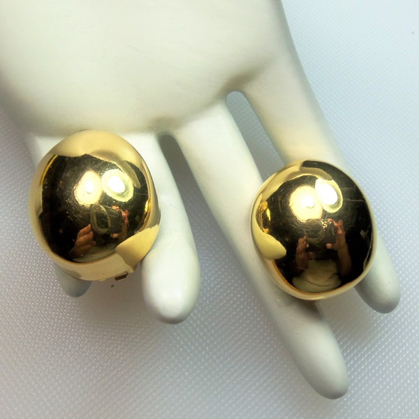 Vintage Polished Gold Tone Domed Oval Heavy Clip Earrings Designer Signed Cadoro