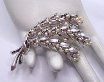 Vintage Satin Matte and Polished Silver Tone Detailed Leaves with Faux Pearls Floral Flowers Spray Pin Brooch Designer signed Crown Trifari