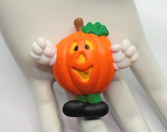 Vintage Halloween Pumpkin Brooch: Orange Plastic Jack O Lantern Pin, Signed GBI