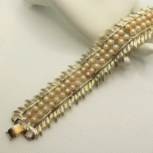 Vintage Textured Gold Tone Detailed Leaves with Faux Pearls Wide LInk Bracelet Designer Signed BSK