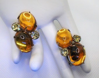 Vintage Silver Tone Prong Set Golden Topaz Cabochons and Yellow Chaton Rhinestones Clip Earrings