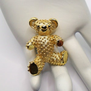 Vintage Gold Tone Teddy Bear Brooch: Textured Figural Pin